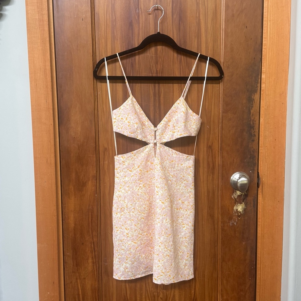 Zara Chic Floral Cutout Spaghetti Strap Sun Dress Mini Peacb, Pinks (XS)